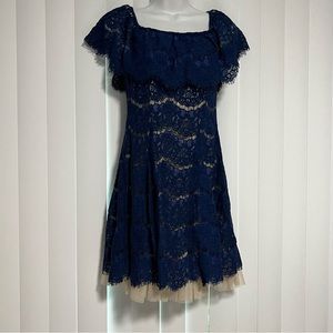 Dress - Francesca’s - EUC - navy blue lace and beige underneath dress/top ruffle